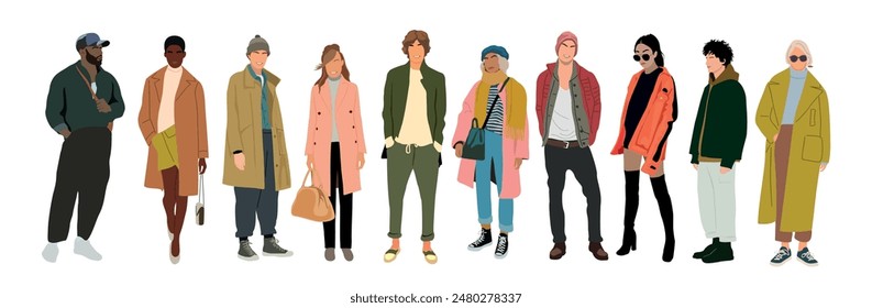 Set of stylish young men and women wearing autumn street fashion outfit. Different business people in smart casual warm clothes. Vector realistic illustrations isolated on white background.