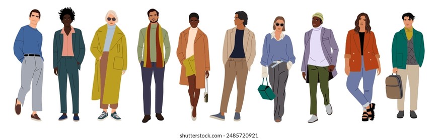 Set of stylish young men and women wearing autumn street fashion outfit. Different business people in smart casual warm clothes. Vector realistic illustrations isolated on white background.