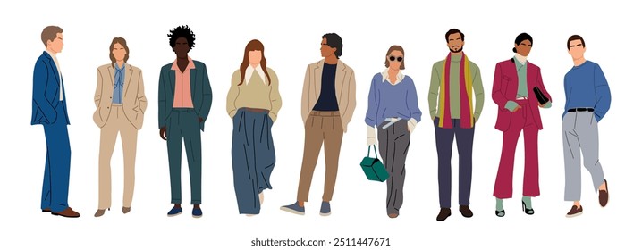 Conjunto de jovens elegantes homens e mulheres vestindo roupa de escritório de outono. Pessoas de negócios diferentes em trajes casuais inteligentes. Ilustrações realistas vetoriais isoladas sobre fundo branco.