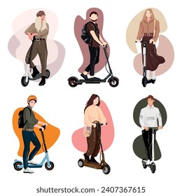 Set of stylish young people with electric kick scooters on white