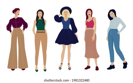 Set of stylish young woman dressed in trendy clothes. Vector illustration.