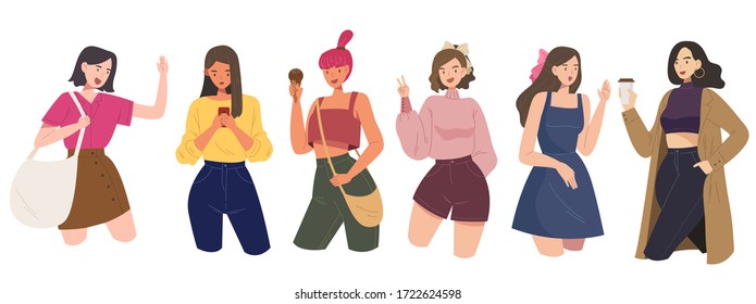 Set of stylish young women dressed in trendy clothes. Flat cartoon vector illustration of fashionista girl with cool and fashionable outfits. Concept of lovely, cute and girly girl. Friend, group