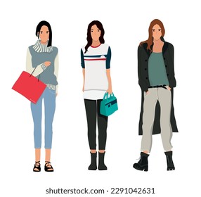 Set of stylish young women dressed in trendy, casual, formal clothes. Vector groupped  objects over white background