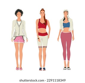 Set of stylish young women dressed in sports, activity, fitness clothes. Vector  objects over white background