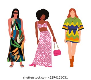 Set of Stylish young women dressed in fashionable clothes. Diverse Pretty girls wearing High fashion outfit, summer dress. Cartoon vector realistic illustration isolated on white background.