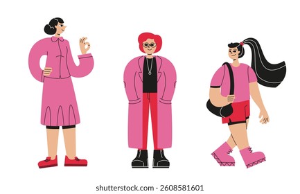 Set of stylish young women. Female characters in linear flat style.