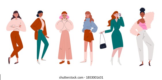 Conjunto de jóvenes elegantes de estilo plano y garabato. Las mujeres están vestidas con ropa moderna de moda. Niñas de diferentes naciones se presentan en una variedad de poses. Ilustración de material vector colorido dibujado a mano