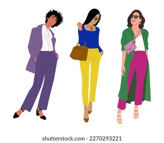 Conjunto de elegantes ilustraciones vectoriales de mujeres jóvenes.