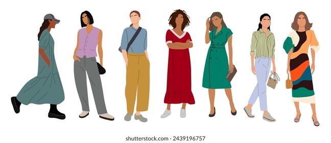 Set of stylish young women wearing summer street fashion outfit. Different business people in smart casual office clothes. Vector realistic illustrations isolated on white background. Not AI generated