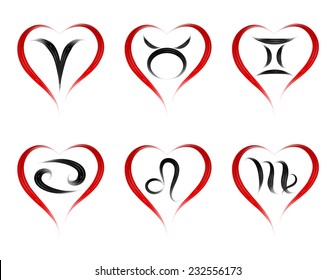 a set of stylish zodiac signs in the shape of a heart, vector illustration