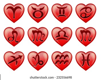 a set of stylish zodiac signs in the shape of a heart, vector illustration