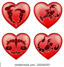 a set of stylish zodiac signs in the shape of a heart, vector illustration