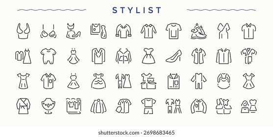 Set of Stylist line icon. Pack of outerwear, apparel, wear, dress and more. Cloth linear icon set. Pixel perfect. Editable stroke.