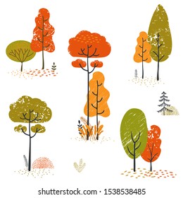 Set of stylistic trees. Trees forest simple plant silhouette icon. Hand drawn isolated illustrations