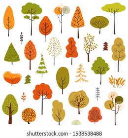 Set of stylistic trees. Trees forest simple plant silhouette icon. Hand drawn isolated illustrations