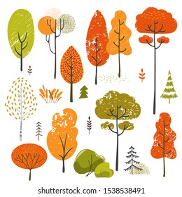 Set of stylistic trees. Trees forest simple plant silhouette icon. Hand drawn isolated illustrations
