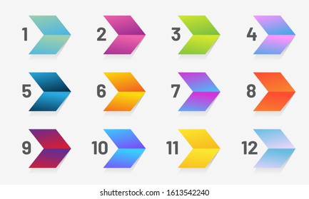 Set of stylize arrow bullet point with number from 1 to 12. Modern vector illustration.