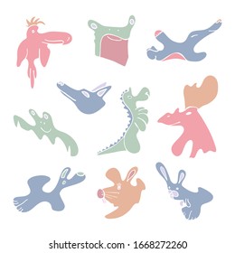 set of stylized abstract animals. Mole hare rabbit rooster mouse crab seahorse rat frog, dog, wolf. Vector hand-drawn stock illustration. White isolated background. cartoon style. without stroke
