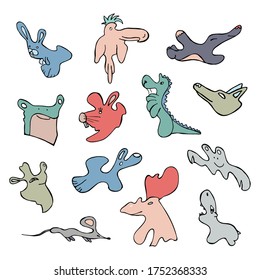set of stylized abstract animals. Mole, hare, rabbit, rooster, mouse, crab, seahorse, rat, frog, dog, wolf. Vector hand-drawn stock illustration. White isolated background. cartoon style. black line