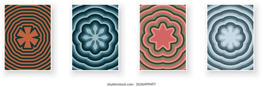 Set of stylized abstract flower symbols with ripple-line backgrounds in muted tones. Vector illustration.