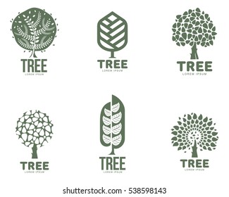 Set of stylized abstract graphic tree logo templates, vector illustration isolated on white background. Collection of creative tree logotype templates, environment, nature, growth, development concept