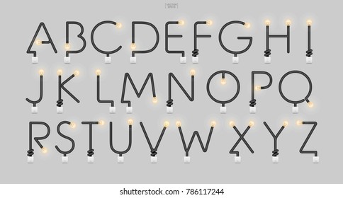 Set of stylized alphabet letters. Abstract alphabet sign and symbol of light bulb and light switch on gray background. Vector illustration.