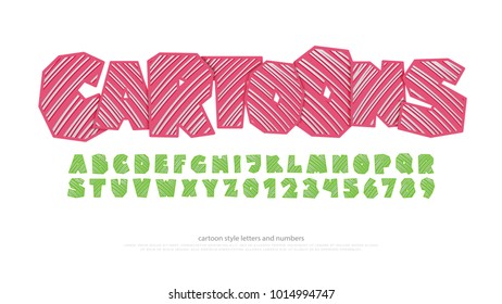 set of stylized alphabet letters and numbers. vector, cartoon style font type. kids, colorful typeface design. comics or animation decorative typesetting