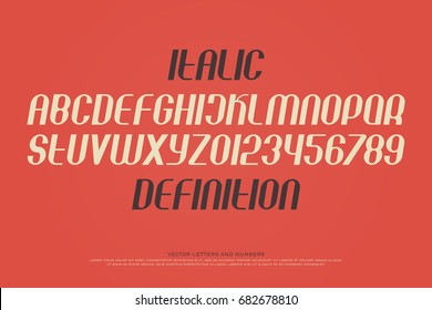 set of stylized alphabet letters and numbers. vector, contemporary, slanted font type. modern italics typeface design. slant, sans serif typesetting