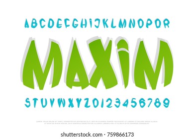 set of stylized alphabet letters and numbers. vector, cartoon style font type. kids, colorful typeface design. comics or animation decorative typesetting