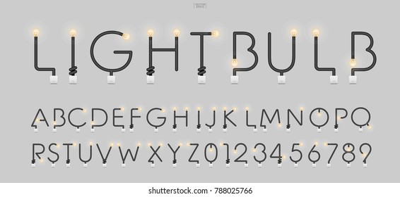 Set of stylized alphabet letters and numbers. Abstract alphabet sign and symbol of light bulb and light switch on gray background. Vector illustration.