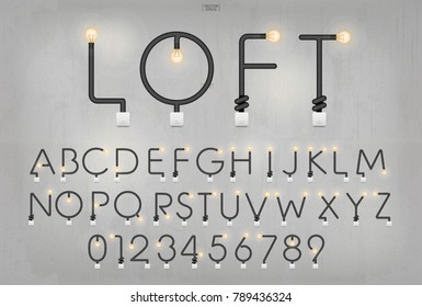 Conjunto de letras y números estilizados. Alfabeto abstracto de la bombilla de luz e interruptor de luz en el fondo de la pared de hormigón. Ilustración vectorial.