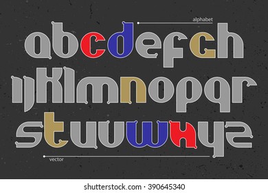 set of stylized, alphabet letters over grunge, dark background. vector vintage, bold font type. retro, grungy, old character design and distressed texture