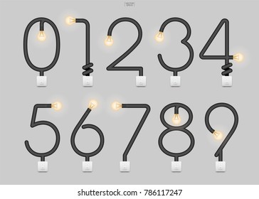 Set of stylized alphabet numbers. Abstract alphabet sign and symbol of light bulb and light switch on gray background. Vector illustration.
