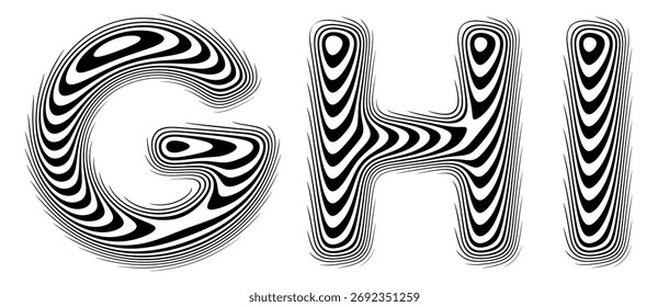 Set of stylized alphabet with smooth reflective lines creates illusion of perfectly polished surface. Letters shaped by soft continuous lines follow the gentle curvature like liquid reflection. Vector