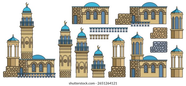 Conjunto de edifícios antigos estilizados do Oriente Médio em estilo de corte de papel. Perfeito para jogos, guias de viagem, projetos de arquitetura ou infográficos históricos. Ilustração vetorial desenhada à mão, não AI