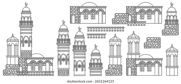 Conjunto de edifícios antigos estilizados do Oriente Médio em estilo de arte linear. Perfeito para jogos, guias de viagem, projetos de arquitetura ou infográficos históricos. Ilustração vetorial desenhada à mão, não AI