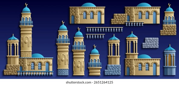 Conjunto de edifícios antigos estilizados do Oriente Médio em estilo de corte de papel. Perfeito para jogos, guias de viagem, projetos de arquitetura ou infográficos históricos. Ilustração vetorial desenhada à mão, não AI