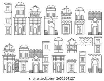 Conjunto de edifícios antigos estilizados do Oriente Médio em estilo de arte linear. Perfeito para jogos, guias de viagem, projetos de arquitetura ou infográficos históricos. Ilustração vetorial desenhada à mão, não AI