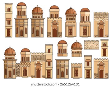 Conjunto de edifícios antigos estilizados do Oriente Médio em estilo de corte de papel. Perfeito para jogos, guias de viagem, projetos de arquitetura ou infográficos históricos. Ilustração vetorial desenhada à mão, não AI