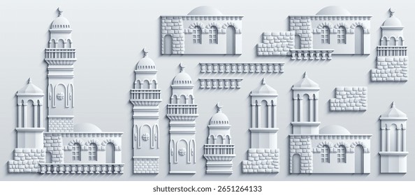 Conjunto de edifícios antigos estilizados do Oriente Médio em estilo de corte de papel. Perfeito para jogos, guias de viagem, projetos de arquitetura ou infográficos históricos. Ilustração vetorial desenhada à mão, não AI
