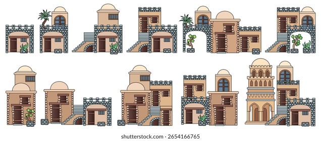 Conjunto de edifícios antigos estilizados do Oriente Médio em estilo de corte de papel. Perfeito para jogos, guias de viagem, projetos de arquitetura ou infográficos históricos. Ilustração vetorial desenhada à mão, não AI