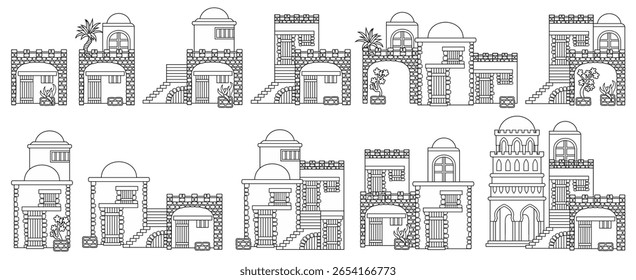 Conjunto de edifícios antigos estilizados do Oriente Médio em estilo de arte linear. Perfeito para jogos, guias de viagem, projetos de arquitetura ou infográficos históricos. Ilustração vetorial desenhada à mão, não AI