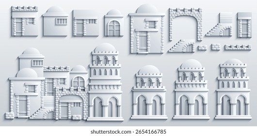 Conjunto de edifícios antigos estilizados do Oriente Médio em estilo de corte de papel. Perfeito para jogos, guias de viagem, projetos de arquitetura ou infográficos históricos. Ilustração vetorial desenhada à mão, não AI