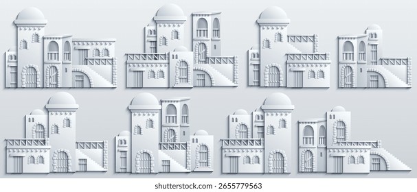 Conjunto de edifícios antigos estilizados do Oriente Médio em estilo de corte de papel. Perfeito para jogos, guias de viagem, projetos de arquitetura ou infográficos históricos. Ilustração vetorial desenhada à mão, não AI