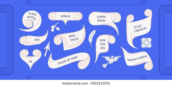 Set of stylized as ancient papyrus frames and speech bubbles for different tasks. Templates and design elements stylized as Antique scrolls, papyri. Ready vector art