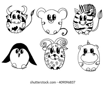 Set of stylized animals. Cartoon Animals. Children's art. Black and white drawing by hand. Line art. Afrika.