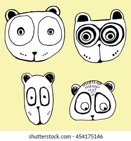 Set of stylized animals. Cartoon Animals. Children's art. Black and white drawing by hand. Line art. Bear. Panda.