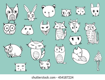 Set of stylized animals. Cartoon Animals. Children's art. Black and white drawing by hand. Line art. Afrika. Doodle.