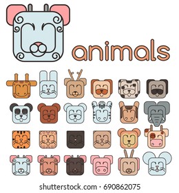 Set. Stylized animals. You can use it like icons and logos. You can find here: Giraffe, hare, rabbit, deer, dog, bear, panda, zebra, horse, elephant, tiger, leopard, cat, cow, sheep and others.
