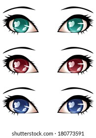 Set of stylized anime eyes of different colors.